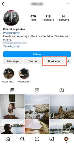 Screenshot showing a book now button on Instagram.