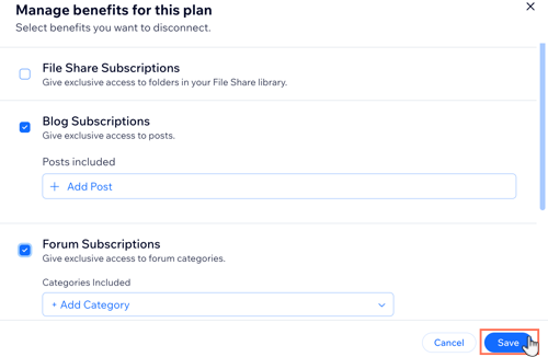 Une capture d'écran montrant comment consulter et déconnecter les avantages liés à l'une de vos formules de paiement archivées.