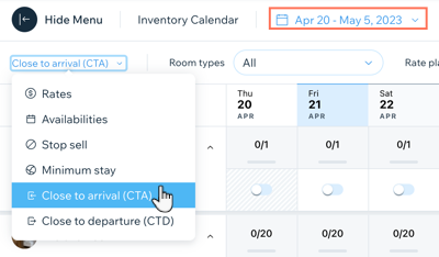 Captura de pantalla que muestra cómo cerrar las llegadas principales en fechas específicas en el calendario de inventario.