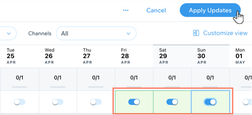 A screenshot showing how to apply updates in the inventory calendar.