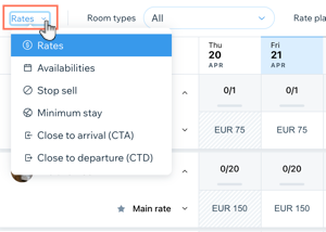 Screenshot che mostra come filtrare il calendario dell'inventario in base alle tariffe