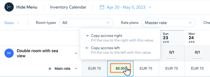 Uma captura de tela mostrando como copiar uma tarifa entre várias datas no calendário do inventário.