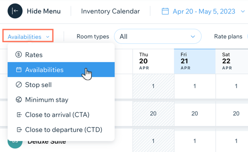 Screenshot che mostra come filtrare il calendario dell'inventario in base alla disponibilità