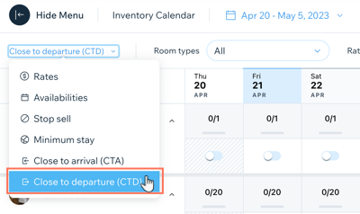 Screenshot che mostra come chiudere alle partenze nel calendario dell'inventario