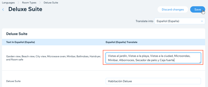 Screenshot showing how to edit the translated text for your room types in the HotelRunner app.