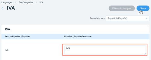 Screenshot showing how to edit the translated text for your tax categories in the hotelrunner app.