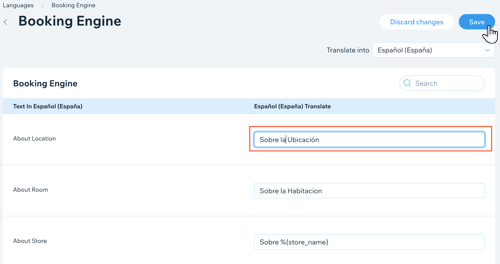 HotelRunner 앱에서 Booking Engine의 번역된 텍스트를 편집하는 방법을 보여주는 스크린샷