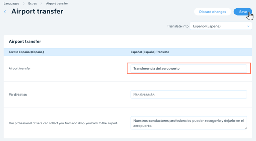 Screenshot showing how to edit the translated text for your Extras in the HotelRunner app.