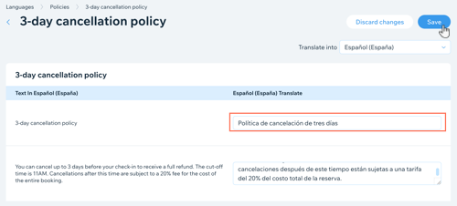 Screenshot showing how to edit the translated text for your Policies in the HotelRunner app.