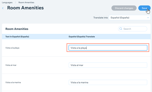 Screenshot showing how to edit the translated text for your Room Amenities in the HotelRunner app.