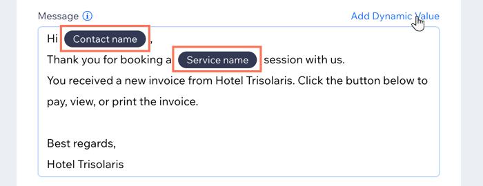 Screenshot showing dynamic values in an automated invoice email in Wix Bookings.