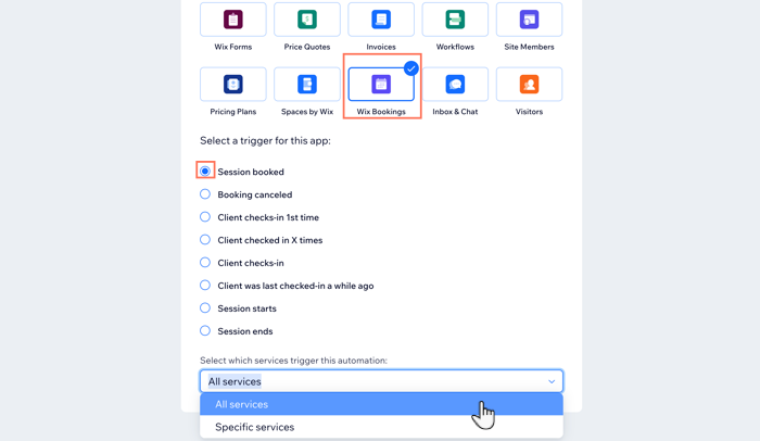 Capture d'écran montrant comment sélectionner un élément déclencheur et des services pour une automation dans Wix Bookings.