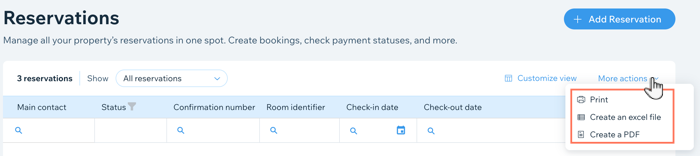 A screenshot showing what options are available in the more actions drop-down in the reservations tab.