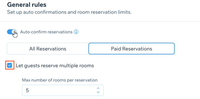 Captura de pantalla que muestra cómo establecer las reglas generales de reserva en la pestaña Property Settings (Ajustes de la propiedad) en el panel de control.