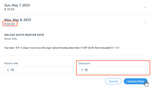 Screenshot showing how to update your daily rate and offer a discount.