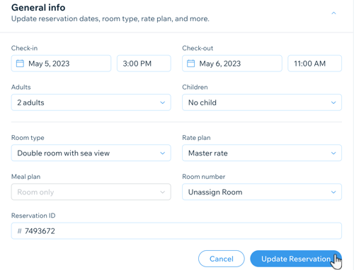 screenshot showing how to update the general info of a reservation in the Reservations tab in the dashboard.