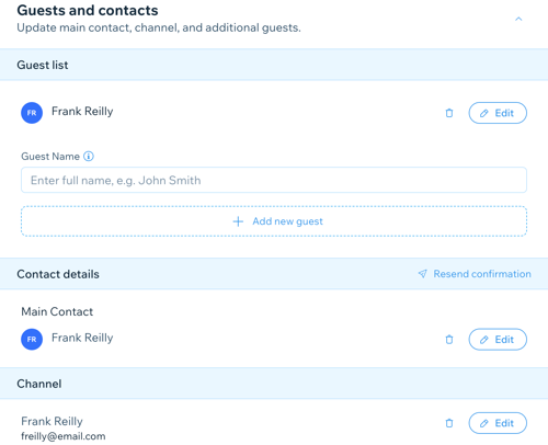 Screenshot showing how to update the guests and contacts information for a reservation in the dashboard.