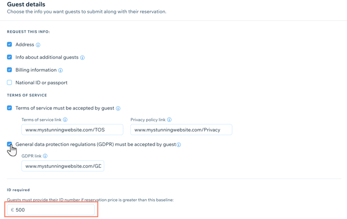 screenshot showing how to choose what details you require from guests as part of their reservation.