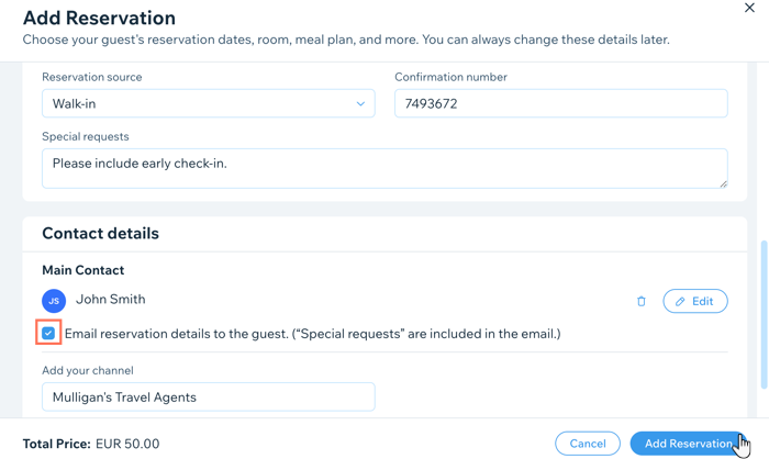 Screenshot showing how to manually add a reservation using the Reservations tab in the dashboard.