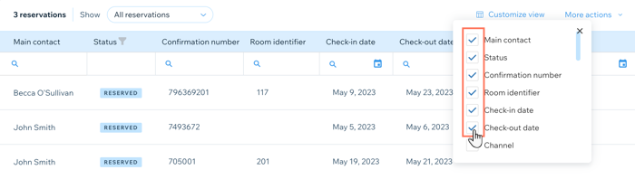 Uma captura de tela mostrando como personalizar as informações que você vê na aba de reservas no painel de controle.