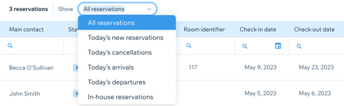 Une capture d'écran montrant comment filtrer les types de réservations que vous voyez dans l'onglet Réservations du tableau de bord.