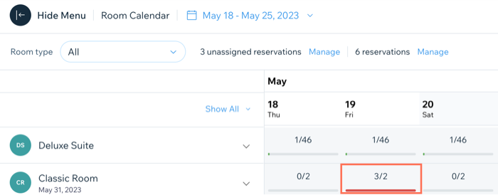 Captura de tela mostrando um quarto com overbooking no calendário de reservas no painel de controle.