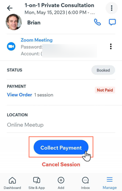 Screenshot showing the collect payment button in an appointment on the Wix Owner app.