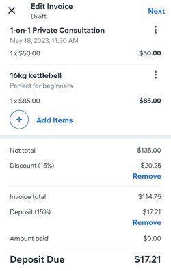 Screenshot showing an invoice on the Wix Owner app with a discount, deposit and additional product added.