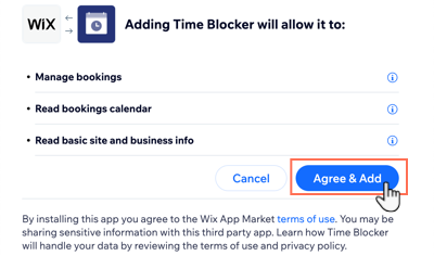 Screenshot, der zeigt, wie du die „Time Blocker“-App aus dem App-Markt von Wix hinzufügst