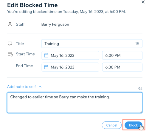 Screenshot showing how to edit a period of blocked time in the Booking Calendar.