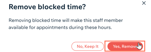 Screenshot showing how to remove a session of blocked time in the Booking Calendar.