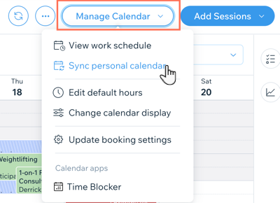 צילום מסך של התפריט הנפתח Manage Calendar ביומן Bookings בדאשבורד.