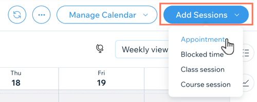 Captura de tela mostrando o dropdown Adicionar sessões no calendário de agendamentos no painel de controle.