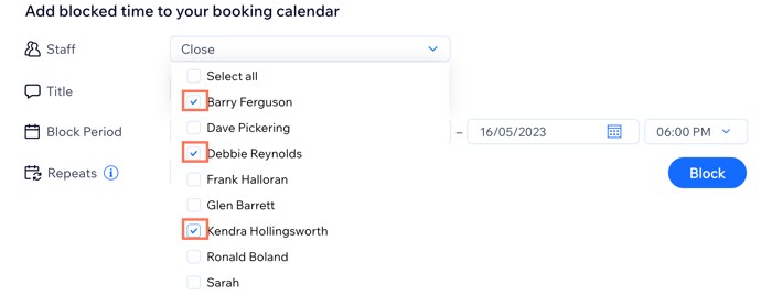 Screenshot showing how to select steff members on the Time Blocker app in the staff tab of the dashboard.