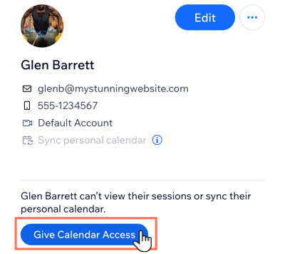 Screenshot of the Give Calendar access buttoin underneath a staff member's profile in the staff tab of the dashboard.