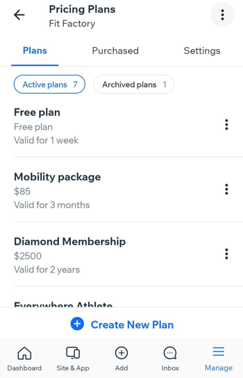 Screenshot showing where to create new pricing plans on the Wix Owner app.