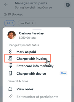 Screenshot showing how to send an invoice to a client from the manage participants section of the Booking Calendar.