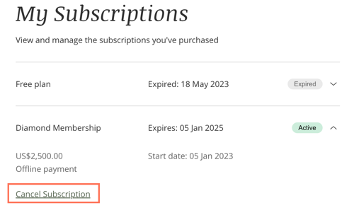 Screenshot showing where to cancel a subscription in the Members Area.