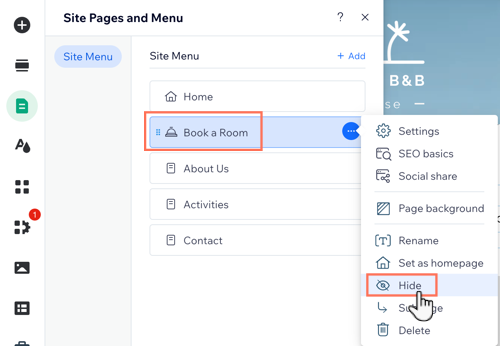 Screenshot, der zeigt, wie du die Seite „Book a room“ im Editor ausblendest