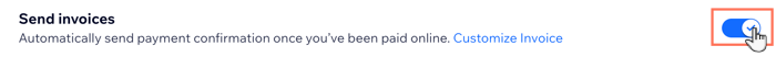 Screenshot showing how to enable the Send Invoices toggle in the dashboard.