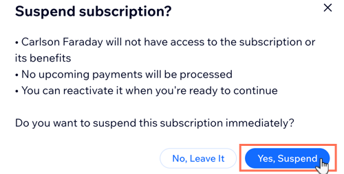 Screenshot showing how to suspend a pricing plan in the dashboard.