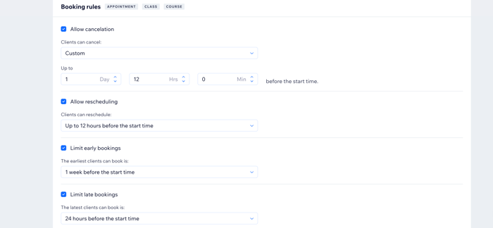 Screenshot showing how to set your new policy rules for booking in the Booking Policies section of the dashboard.