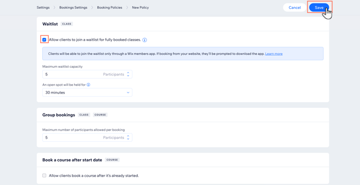 Screenshot showing how to add waitlists, group bookings and book after start date to your new booking policy.