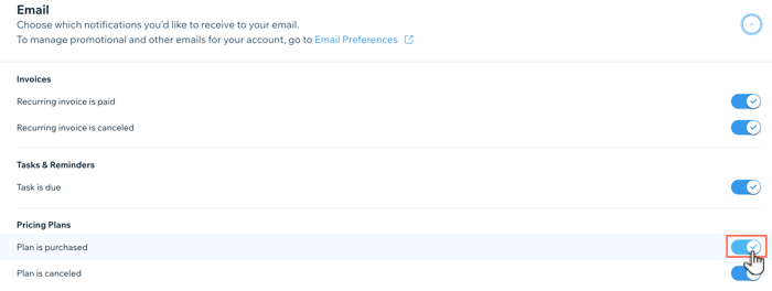 A screenshot of the email notifications preferences section in your Wix dashboard, clicking the Pricing Plans toggle