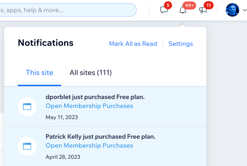 Screenshot showing dashboard notifications after a customer purchases a plan.