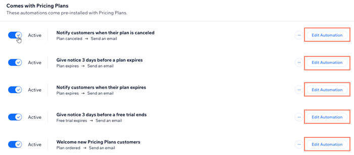 A screenshot of the pricing plans automations settings, where you can turn notifications on or off and edit them