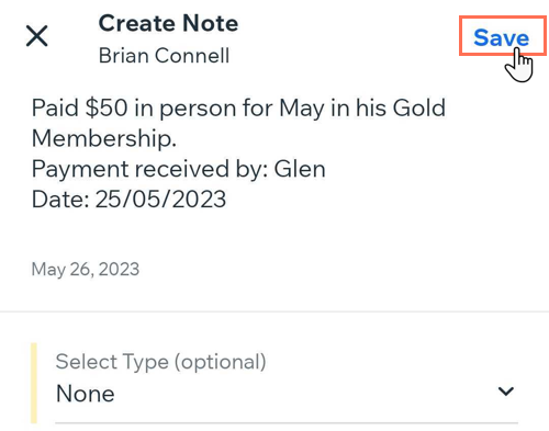 Screenshot showing a note marking offline payment for a pricing plan on the Wix owner app.