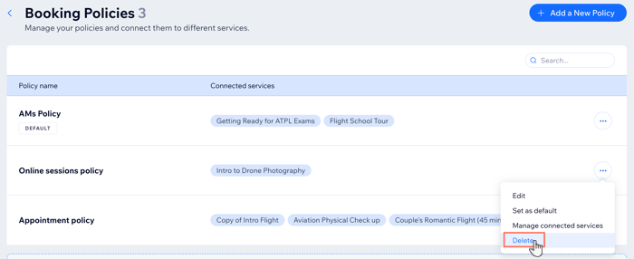 Screenshot showing how to delete a booking policy.