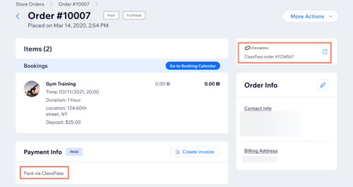 Screenshot showing a booking made via ClassPass in the Orders tab in the site dashboard.