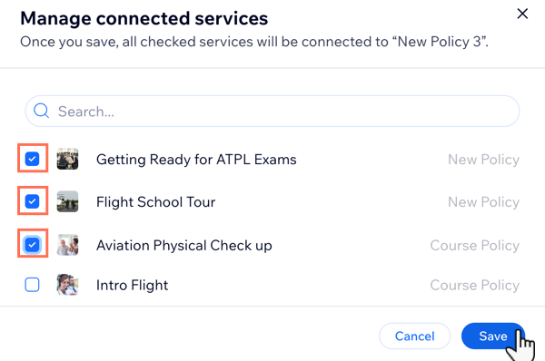 Screenshot showing how to manage which services are connected to a policy.